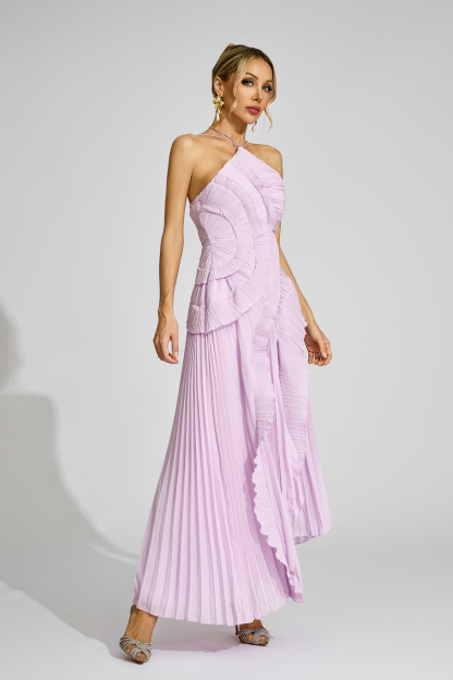 Rosa Purple Asymmetric Pleated Halter Dress