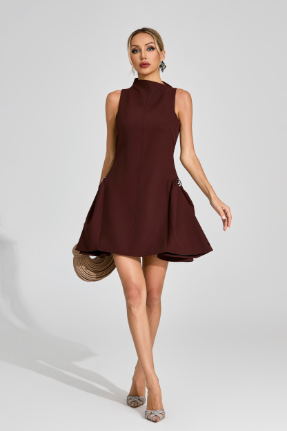 Estrella Brown High Neck Mini Dress