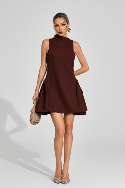 Estrella Brown High Neck Mini Dress