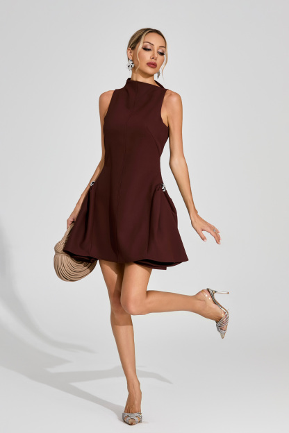 Estrella Brown High Neck Mini Dress