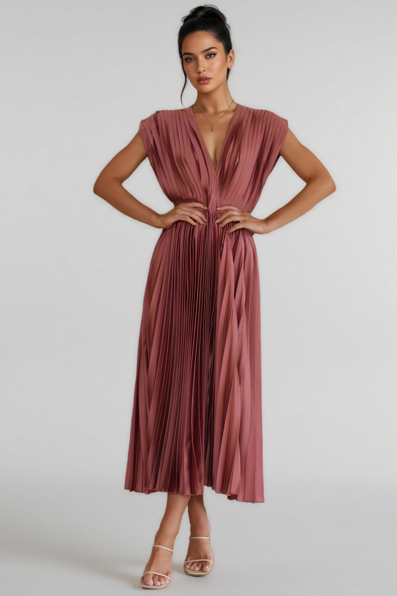 Filomena Sleeveless Pleated Midi Dress-Brick Red
