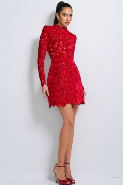 Elnora Long Sleeve Lace Mini Dress-Red