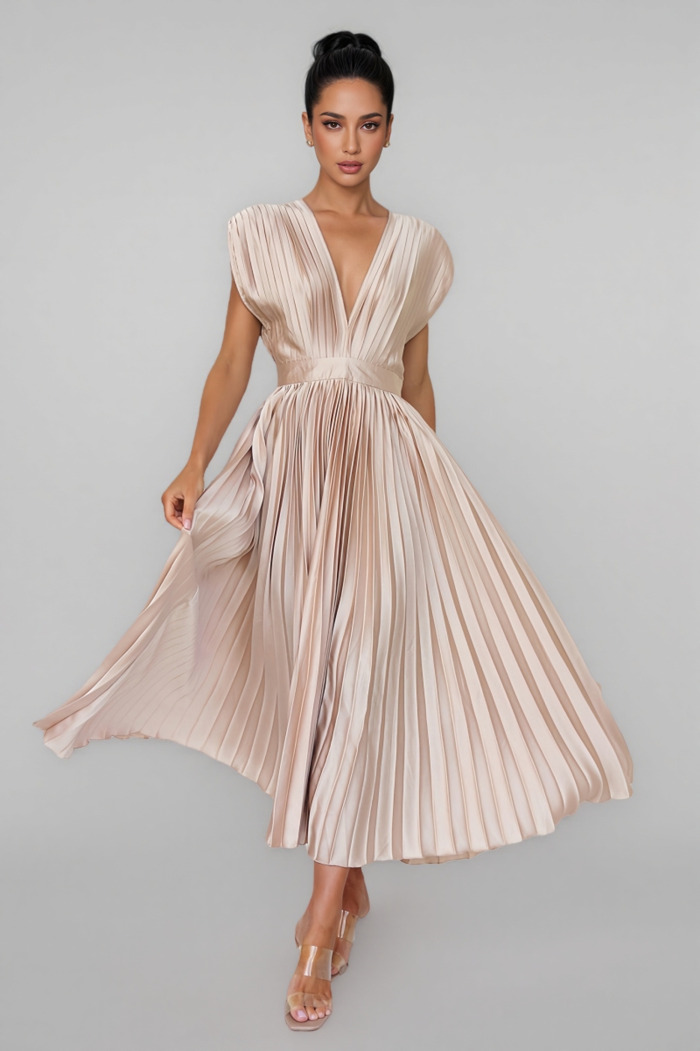 Filomena Sleeveless Pleated Midi Dress-Brick Pink