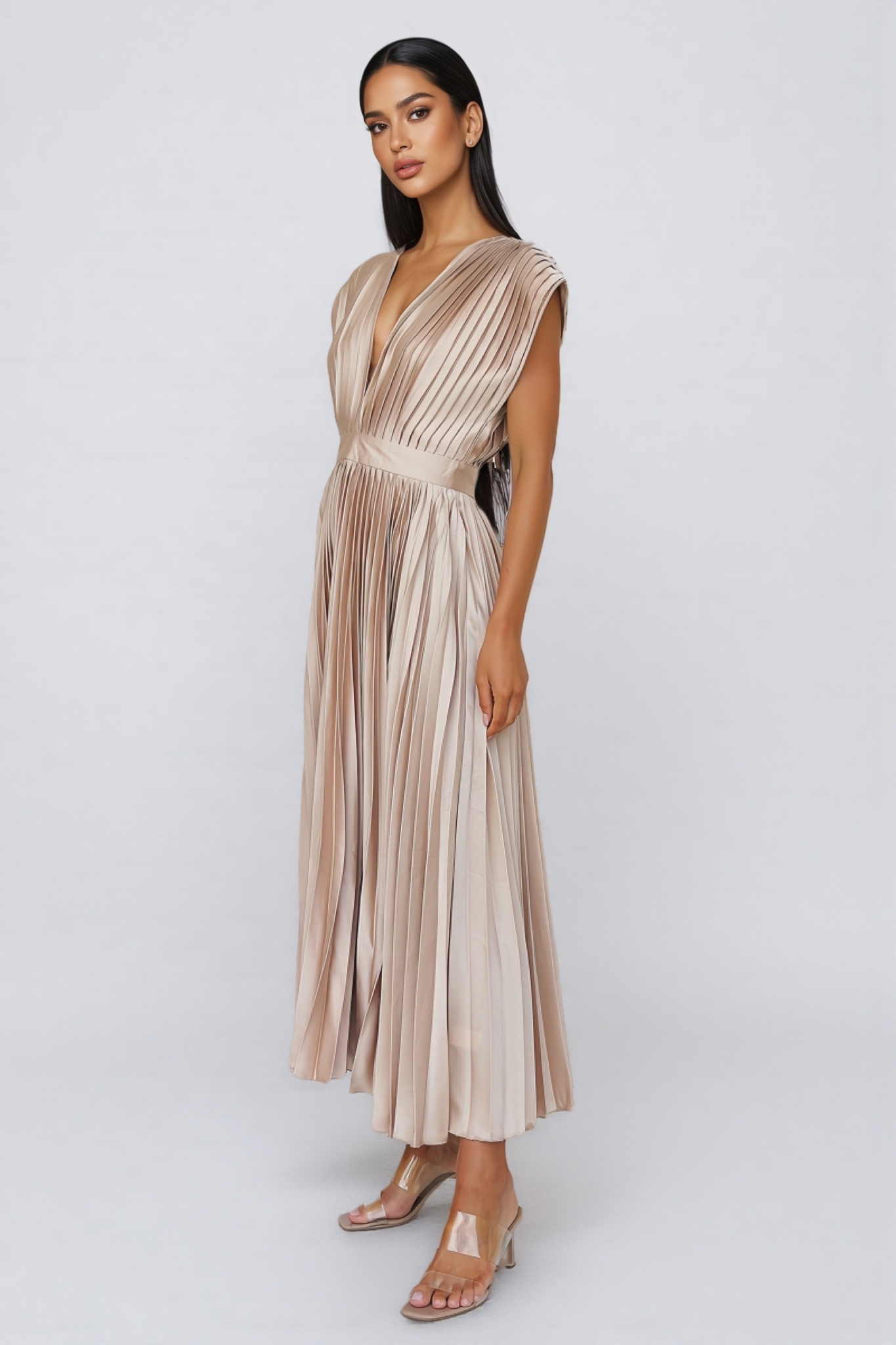 Filomena Sleeveless Pleated Midi Dress-Brick Pink