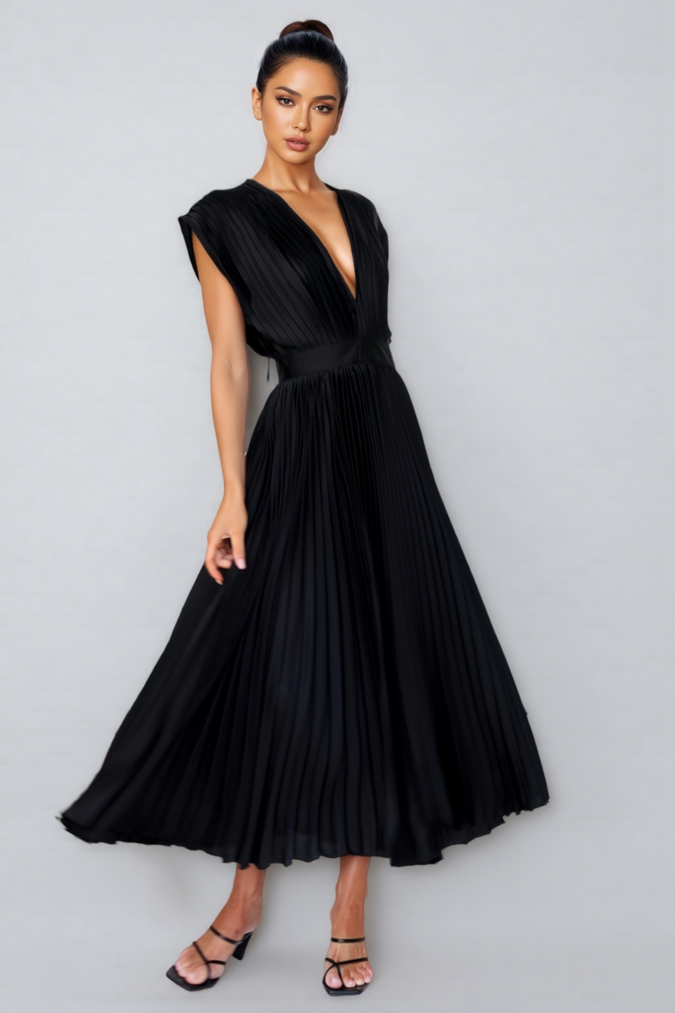 Filomena Sleeveless Pleated Midi Dress-Brick Black