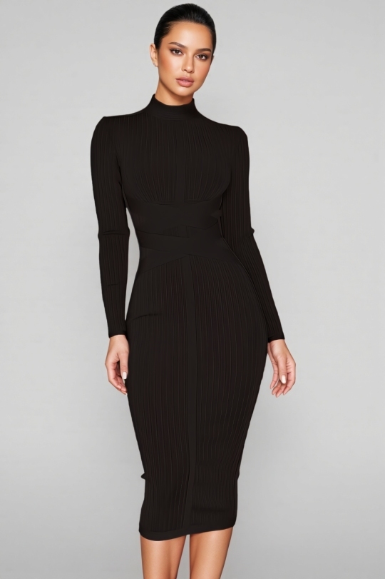 Tina Solid Colour Stand Collar Midi Dress-Black