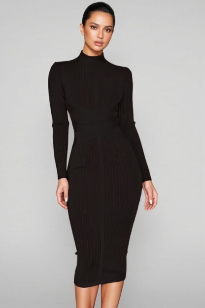 Tina Solid Colour Stand Collar Midi Dress-Black