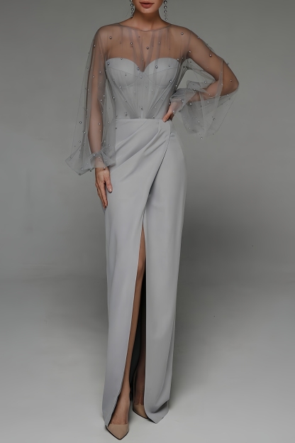 Kirsten Sheath Pearl Maxi Dress-Grey