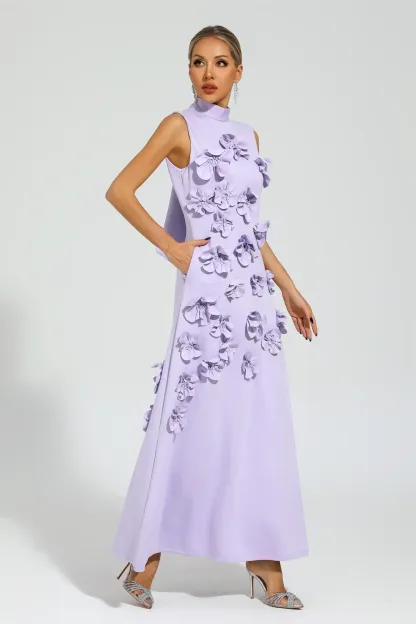 Geralyn Purple Rose Flower Maxi Dress
