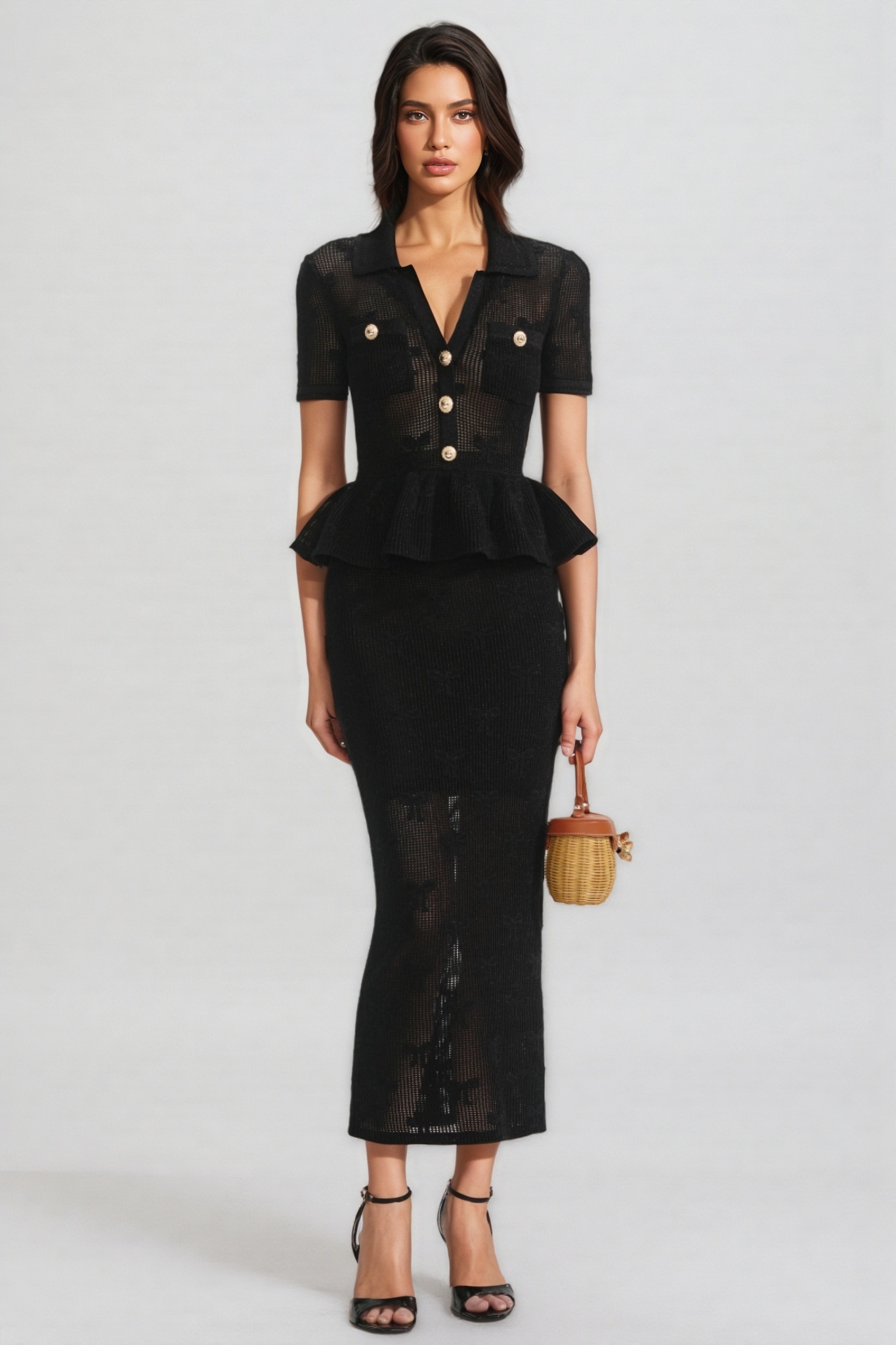 Mildred Black Bow Crochet Midi Dress