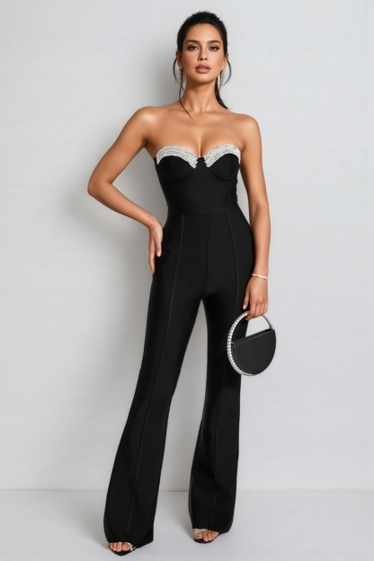Kathie Rhinestone Backless Bandage Jumpsuit