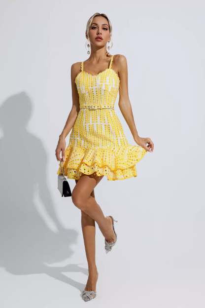 Denise Yellow Cutout Ruffle Mini Dress