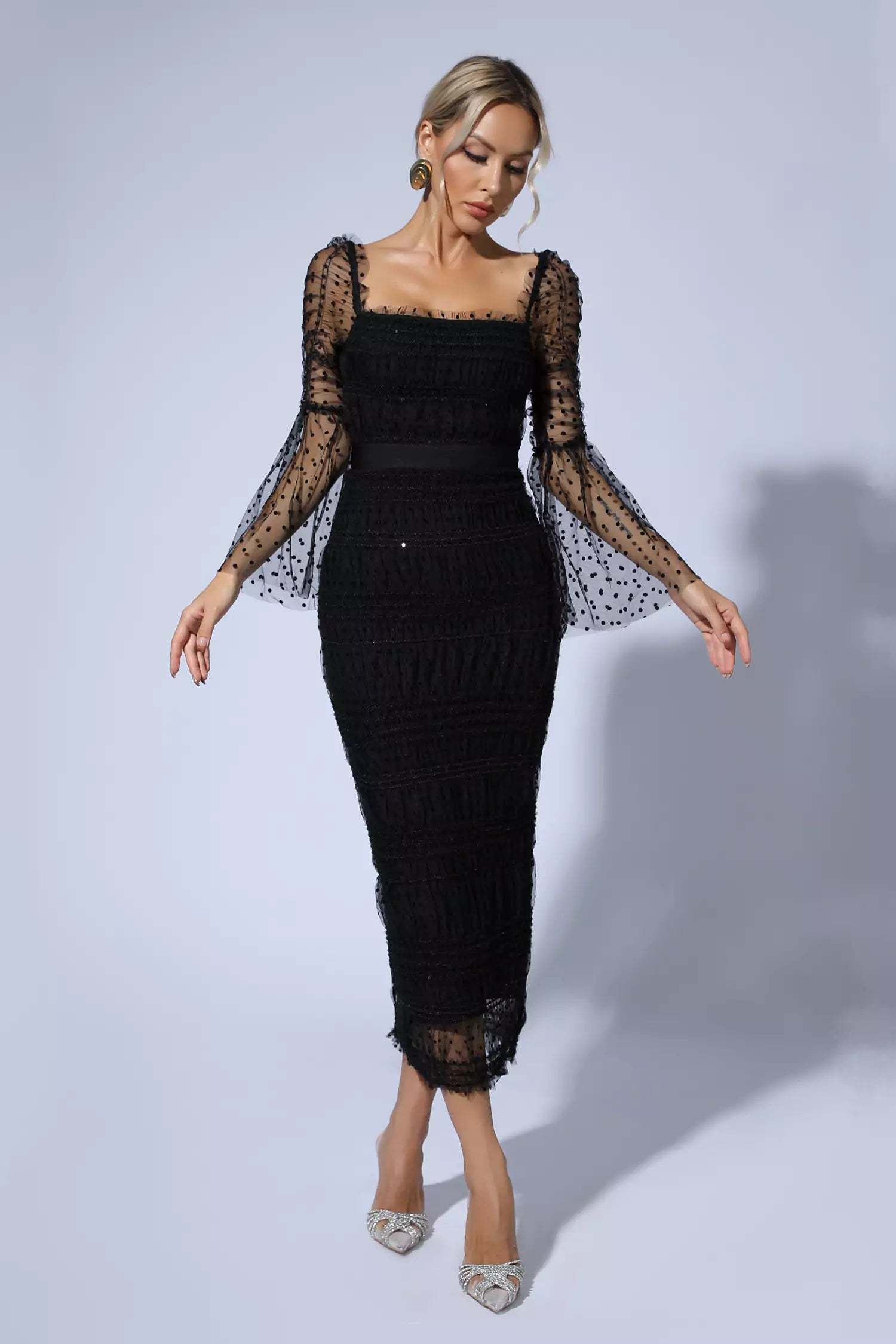 Donna Black Mesh Midi Dress