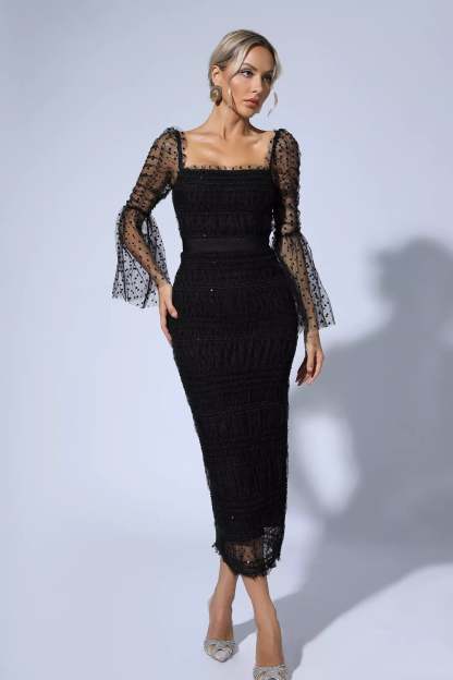 Donna Black Mesh Midi Dress