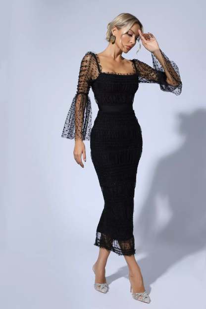 Donna Black Mesh Midi Dress