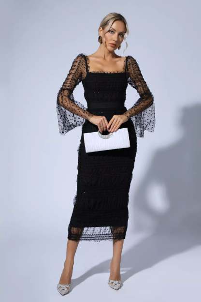 Donna Black Mesh Midi Dress