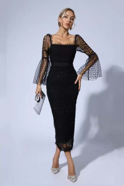 Donna Black Mesh Midi Dress