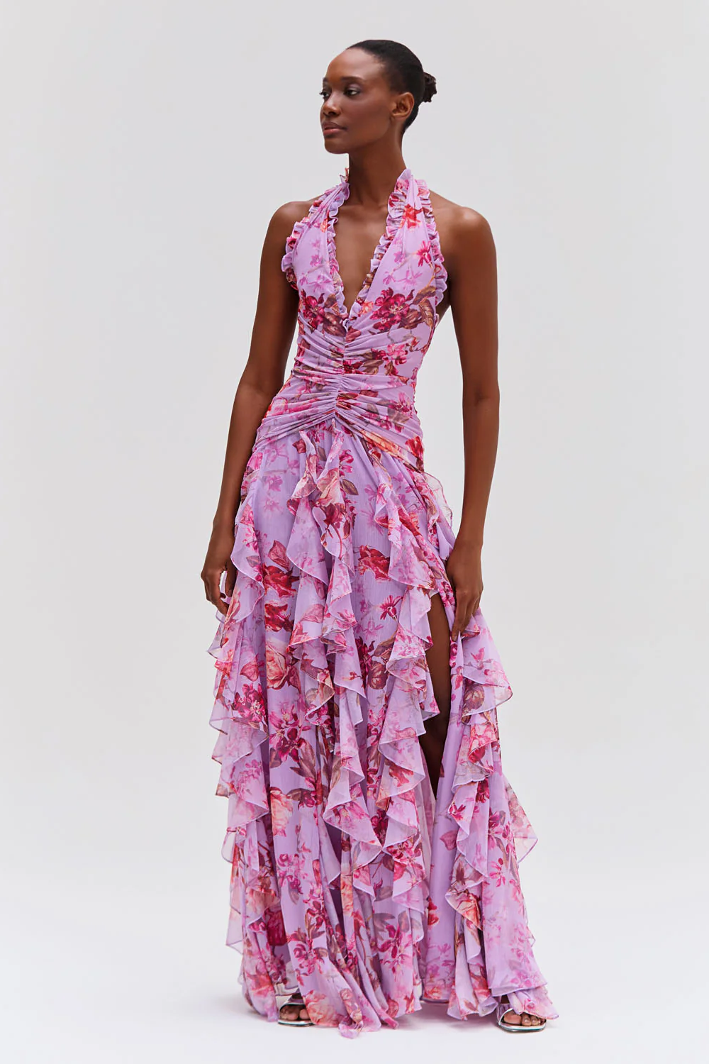 Belinda Floral Halter Neck Ruffle Maxi Dress