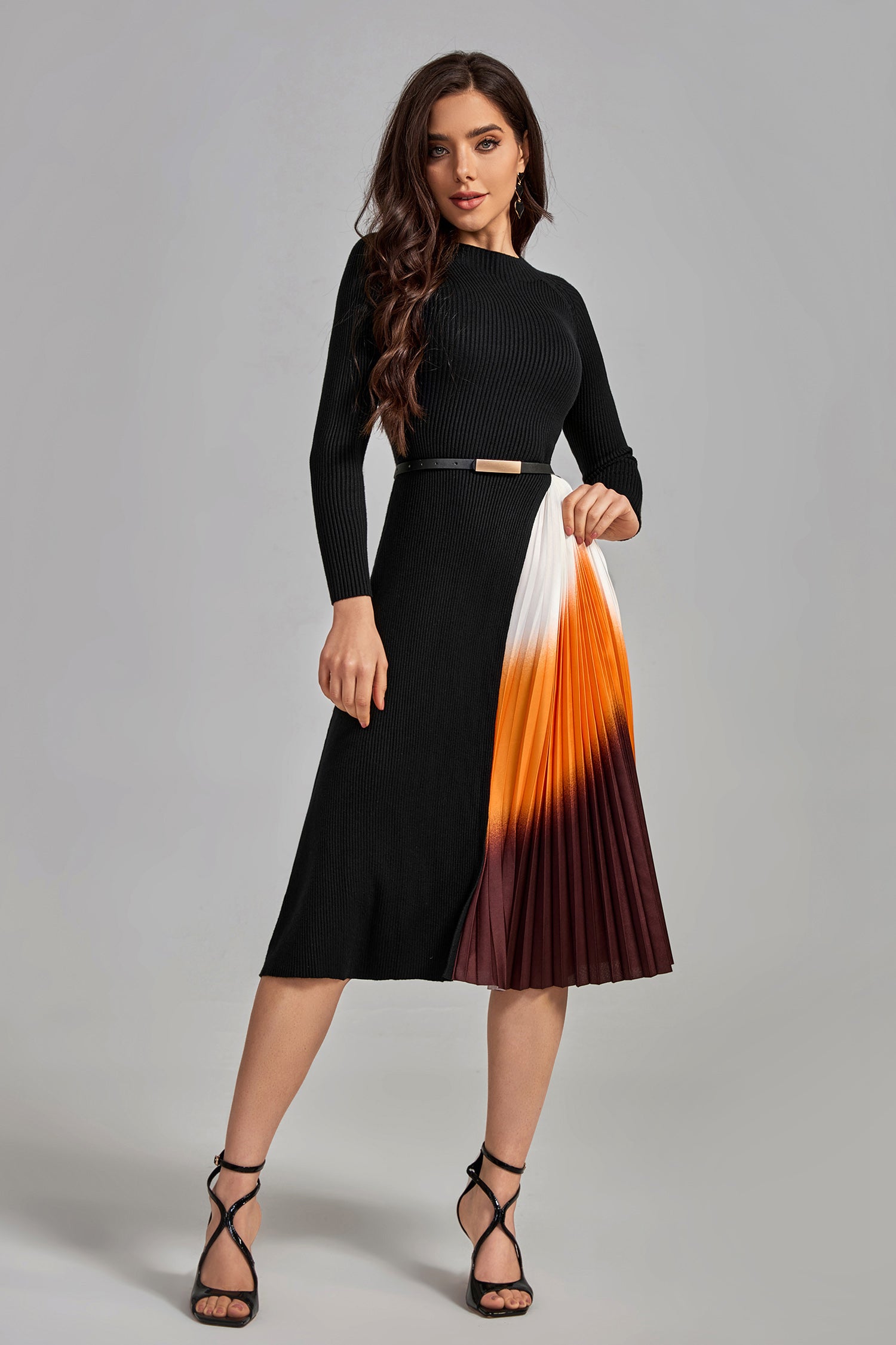 Glenna Gradient Patchwork Pleated Midi Dress