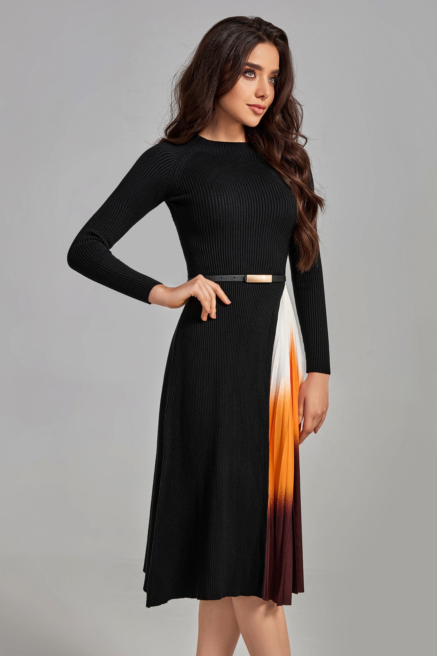 Glenna Gradient Patchwork Pleated Midi Dress