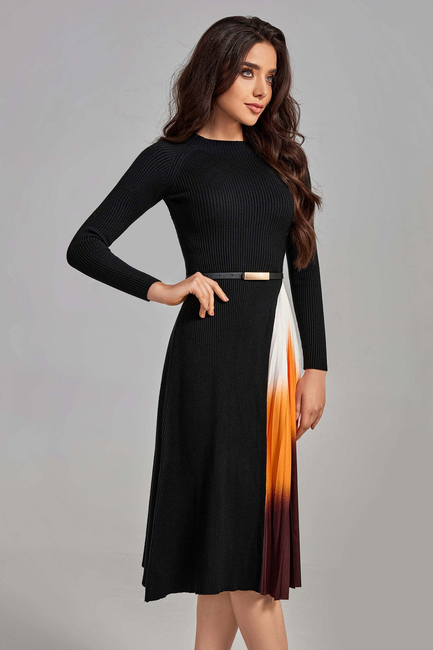 Glenna Gradient Patchwork Pleated Midi Dress