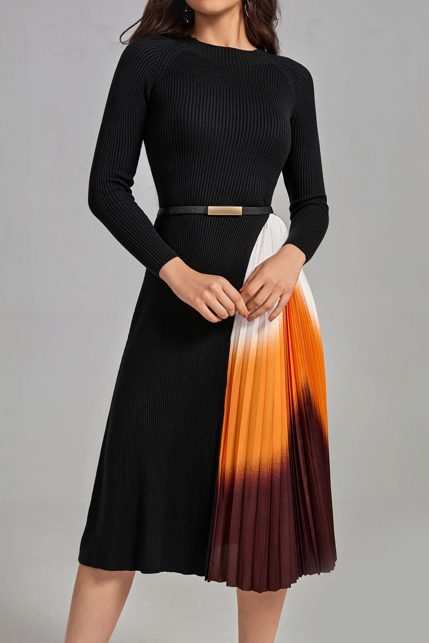 Glenna Gradient Patchwork Pleated Midi Dress