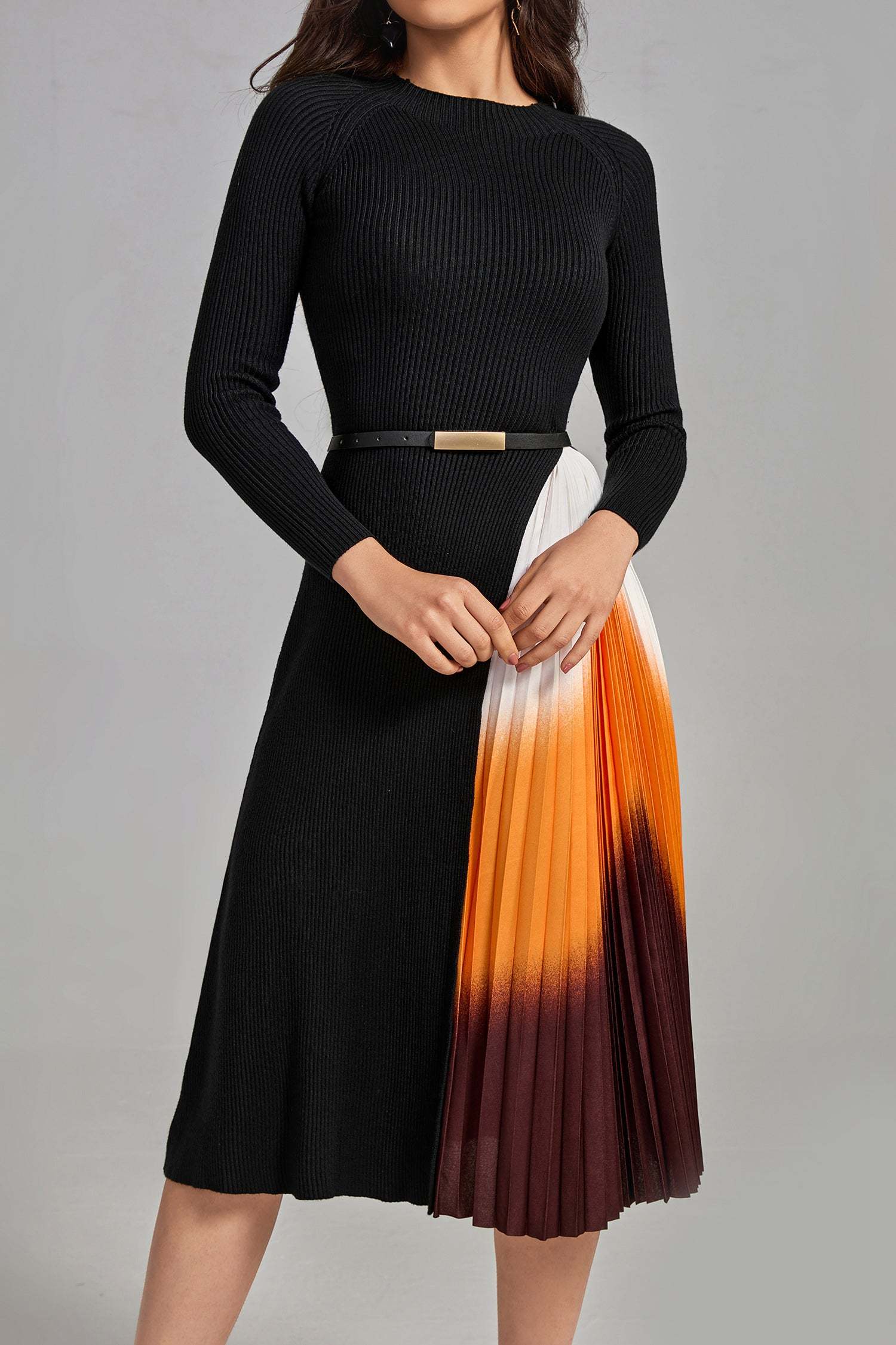 Glenna Gradient Patchwork Pleated Midi Dress