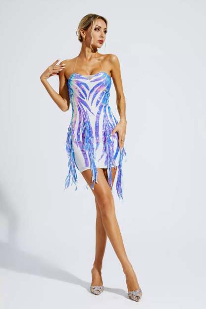 Alexandra Blue Irregular Sequin Fringe Mini Dress