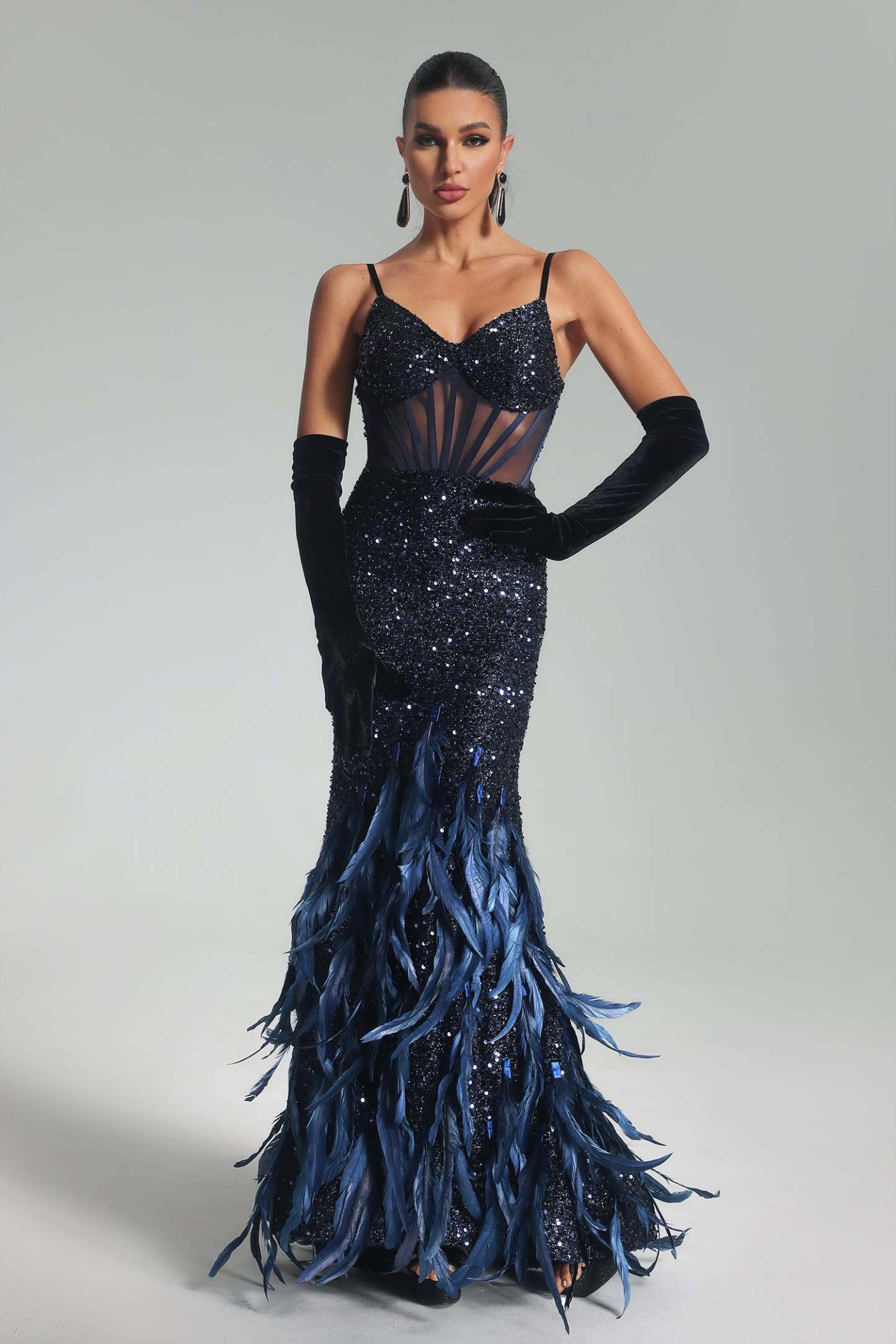 Eugenia Sequin Feather Maxi Dress