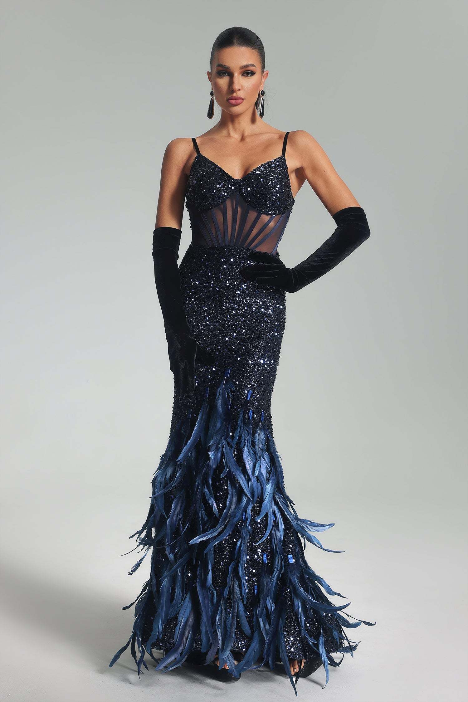 Eugenia Sequin Feather Maxi Dress