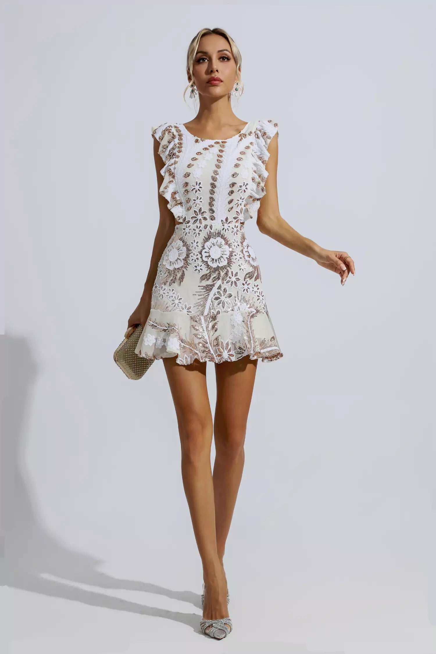 Tonya White Ruffle Floral Cutout Mini Dress