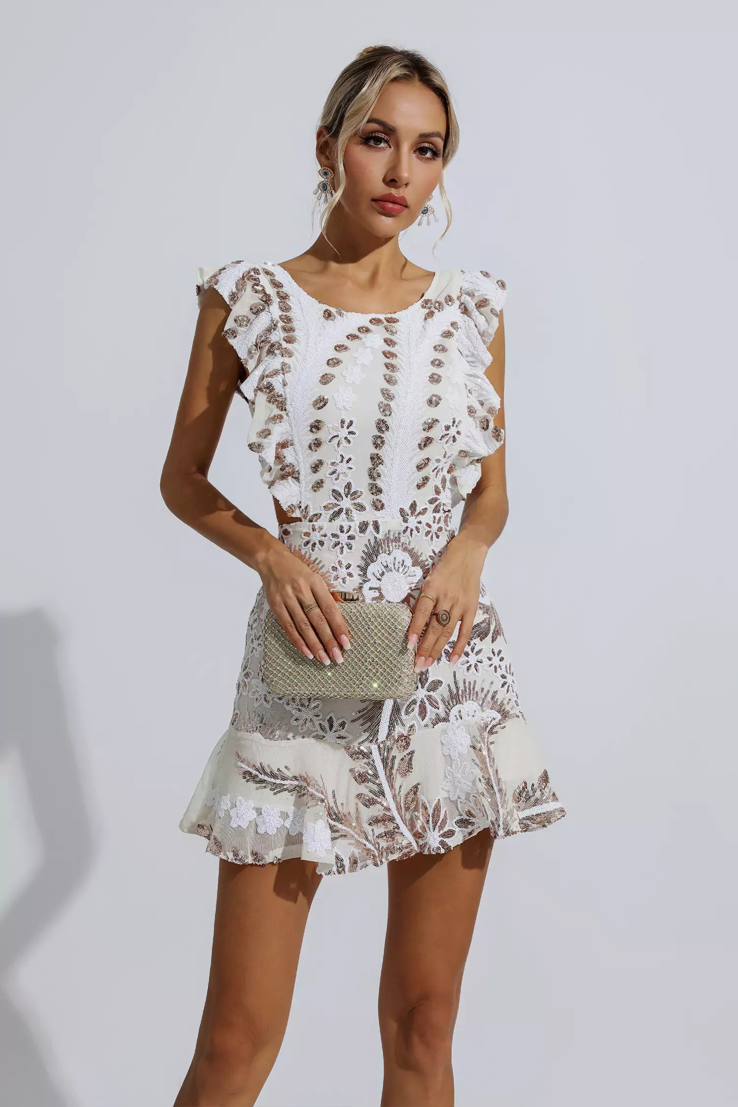Tonya White Ruffle Floral Cutout Mini Dress