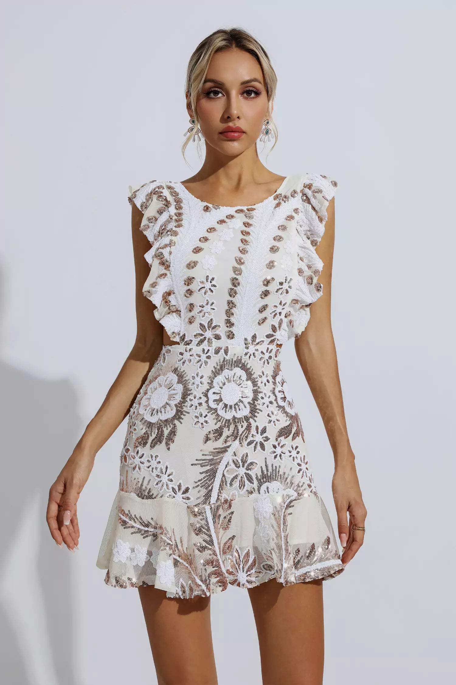 Tonya White Ruffle Floral Cutout Mini Dress