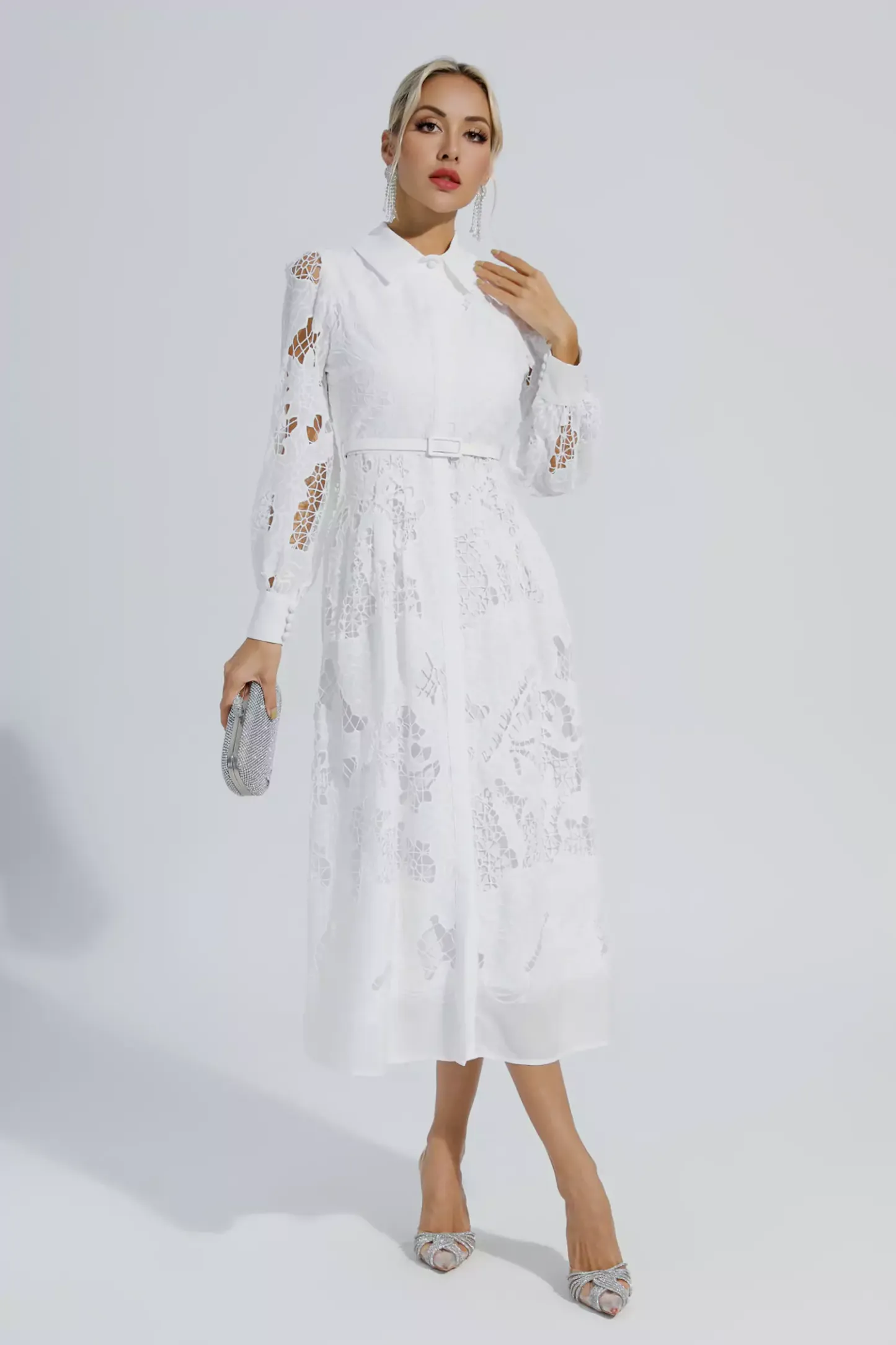 Maria White Hollow Long Sleeve Midi Dress