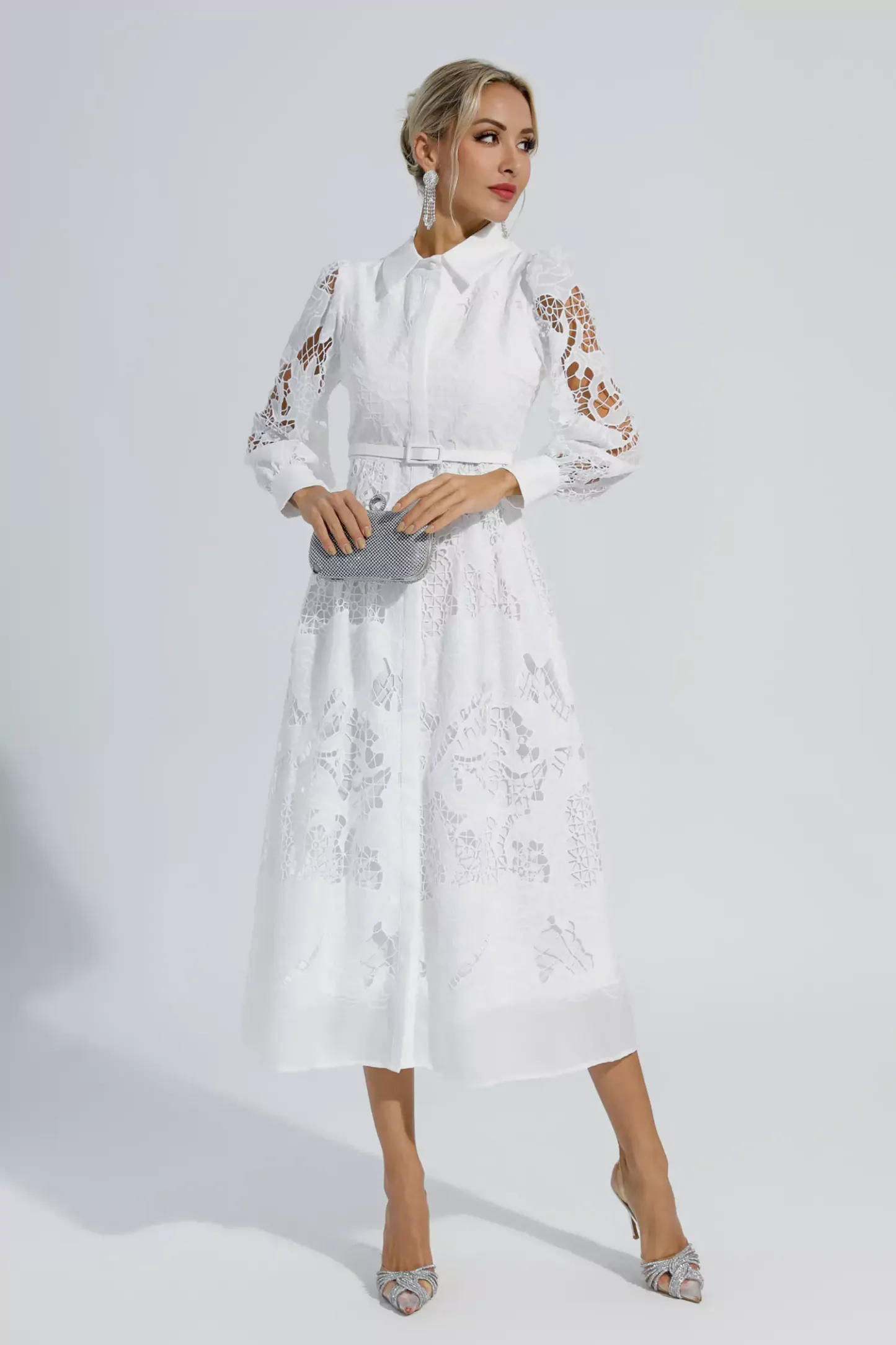 Maria White Hollow Long Sleeve Midi Dress