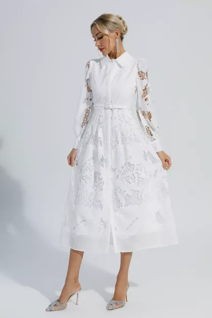 Maria White Hollow Long Sleeve Midi Dress