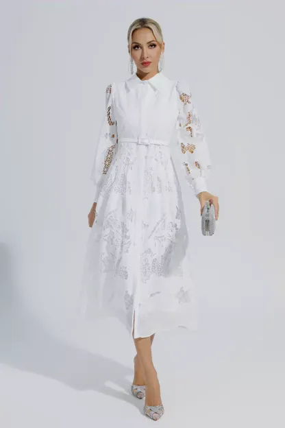 Maria White Hollow Long Sleeve Midi Dress