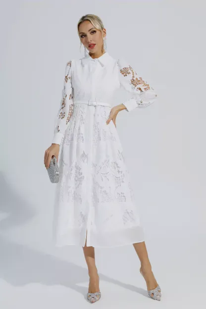 Maria White Hollow Long Sleeve Midi Dress