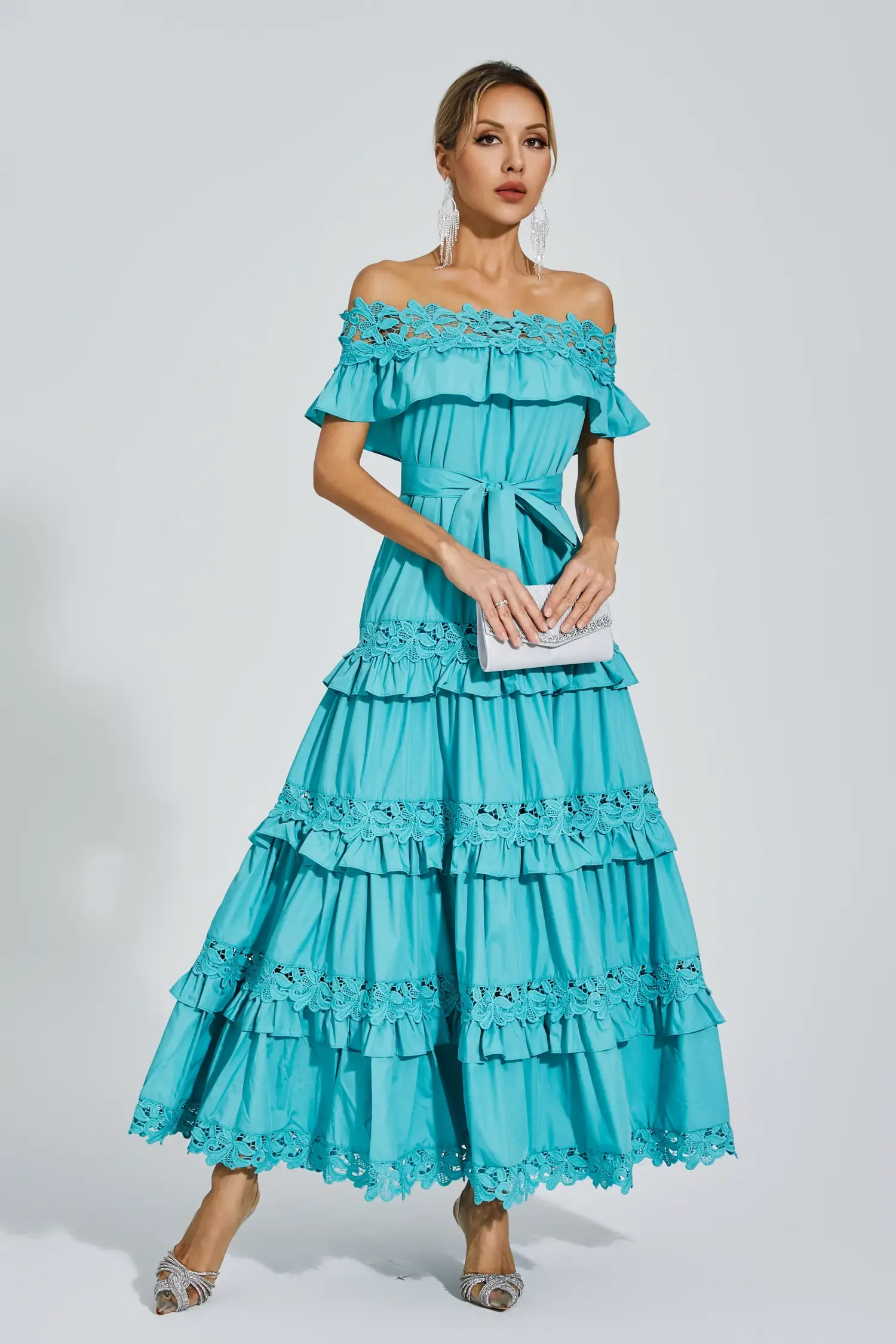 Christy Blue Ruffle Off Shoulder Dress