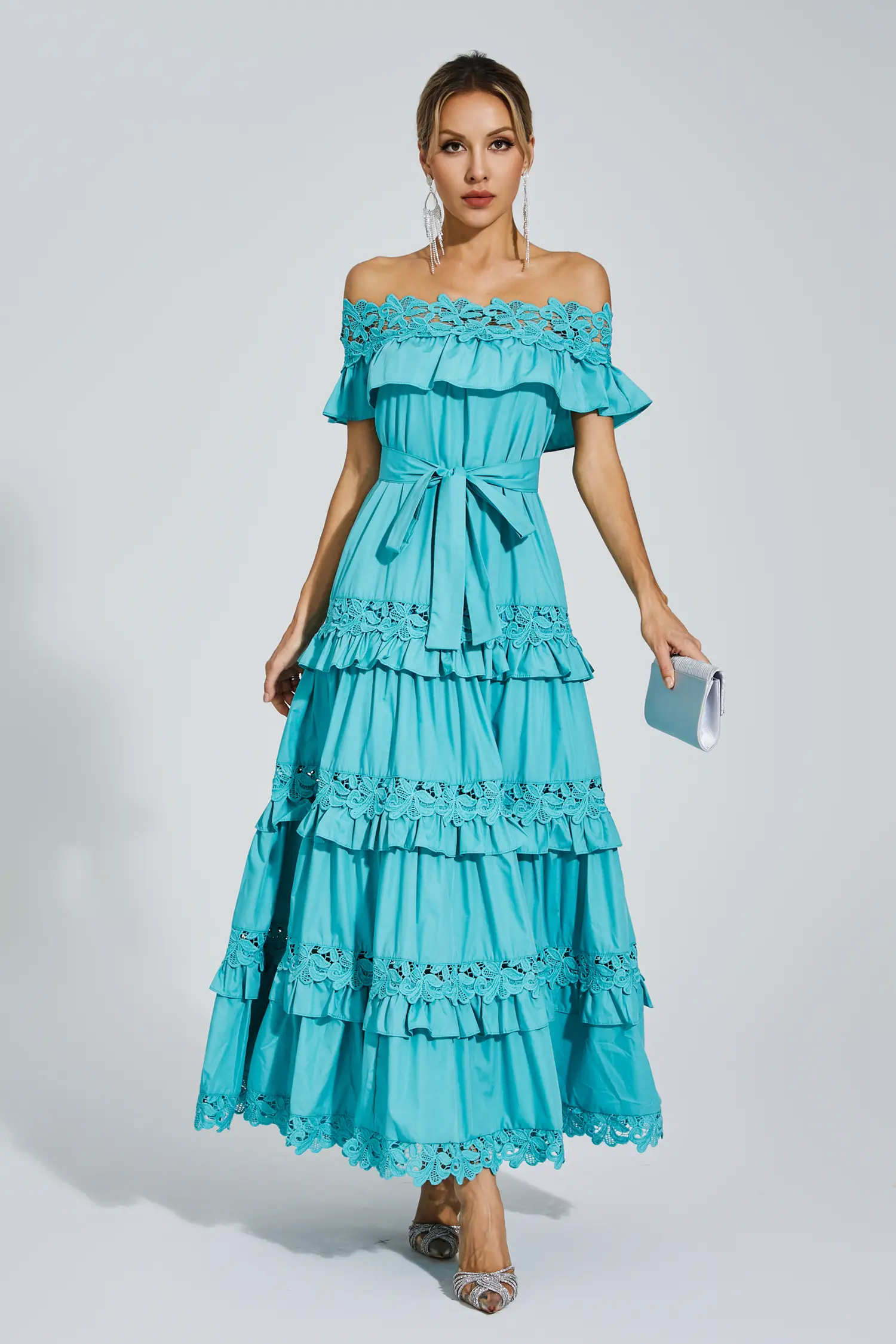 Christy Blue Ruffle Off Shoulder Dress