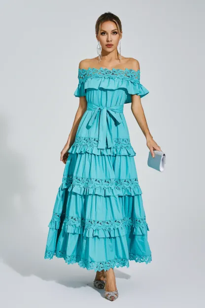 Christy Blue Ruffle Off Shoulder Dress