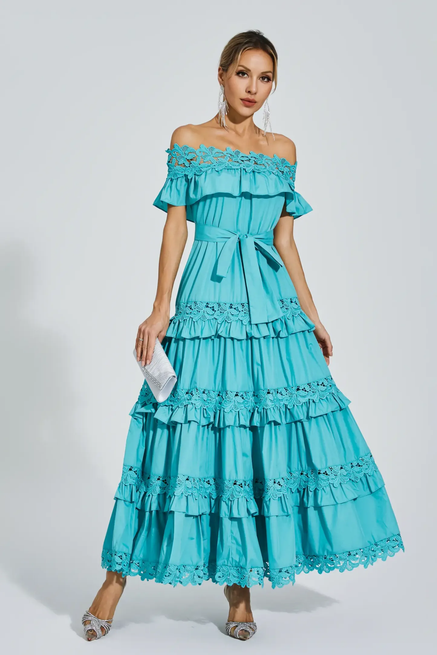 Christy Blue Ruffle Off Shoulder Dress
