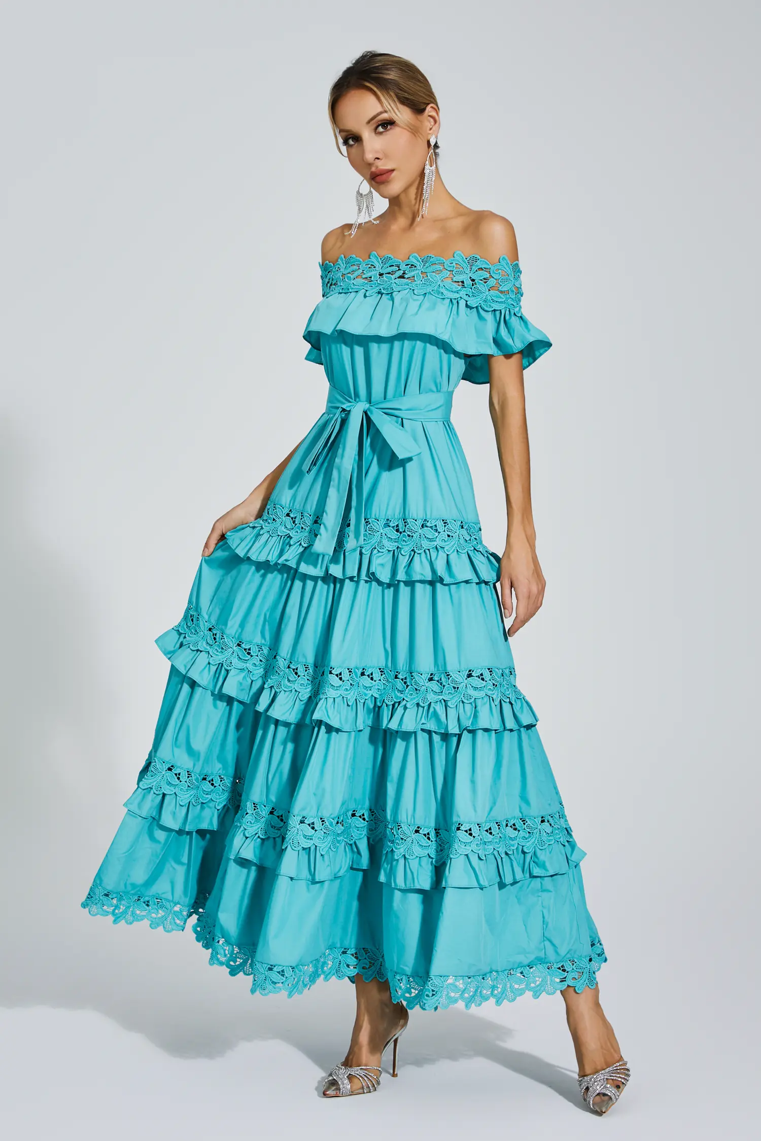 Christy Blue Ruffle Off Shoulder Dress