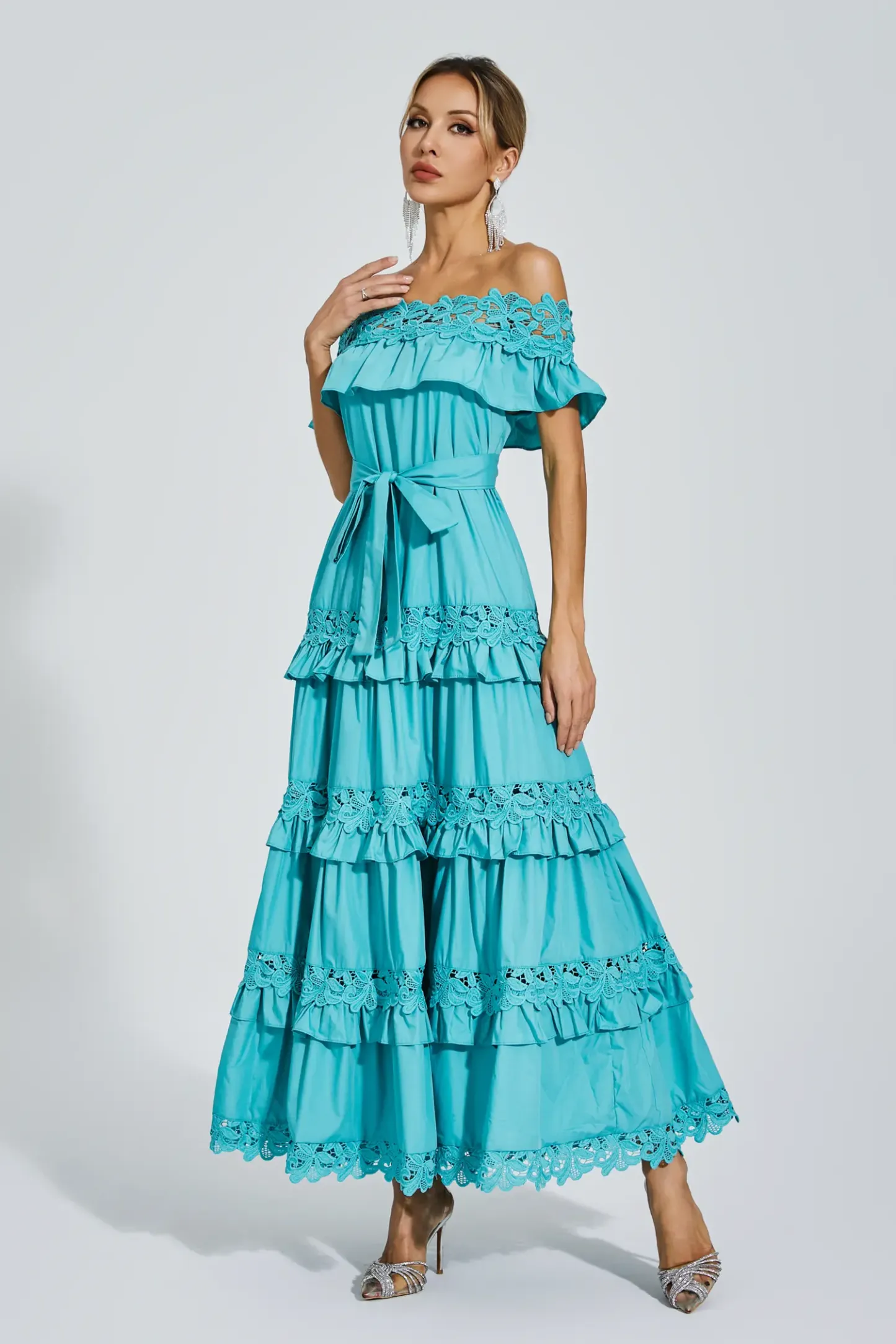 Christy Blue Ruffle Off Shoulder Dress