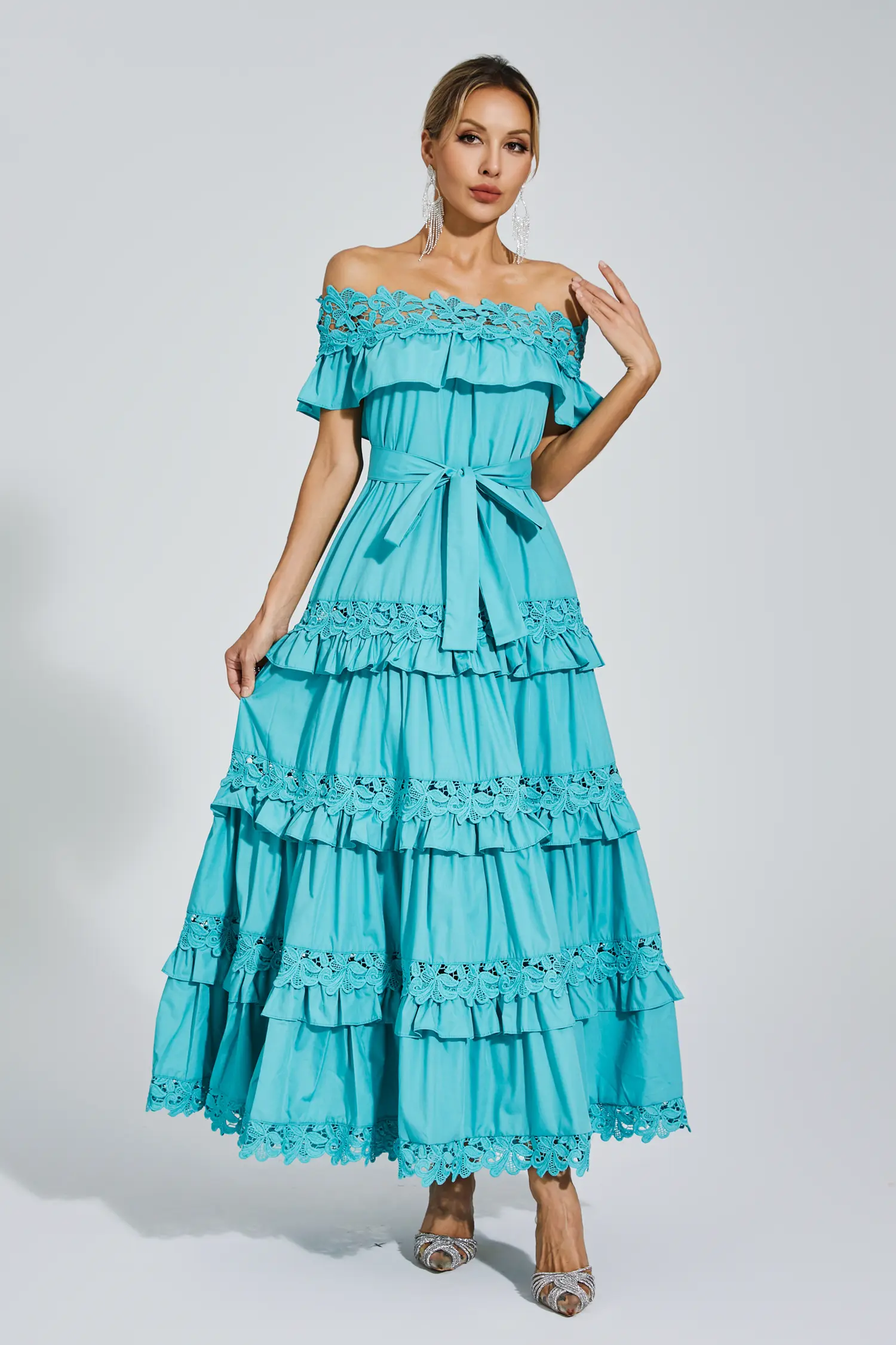 Christy Blue Ruffle Off Shoulder Dress