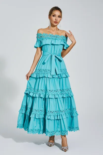 Christy Blue Ruffle Off Shoulder Dress