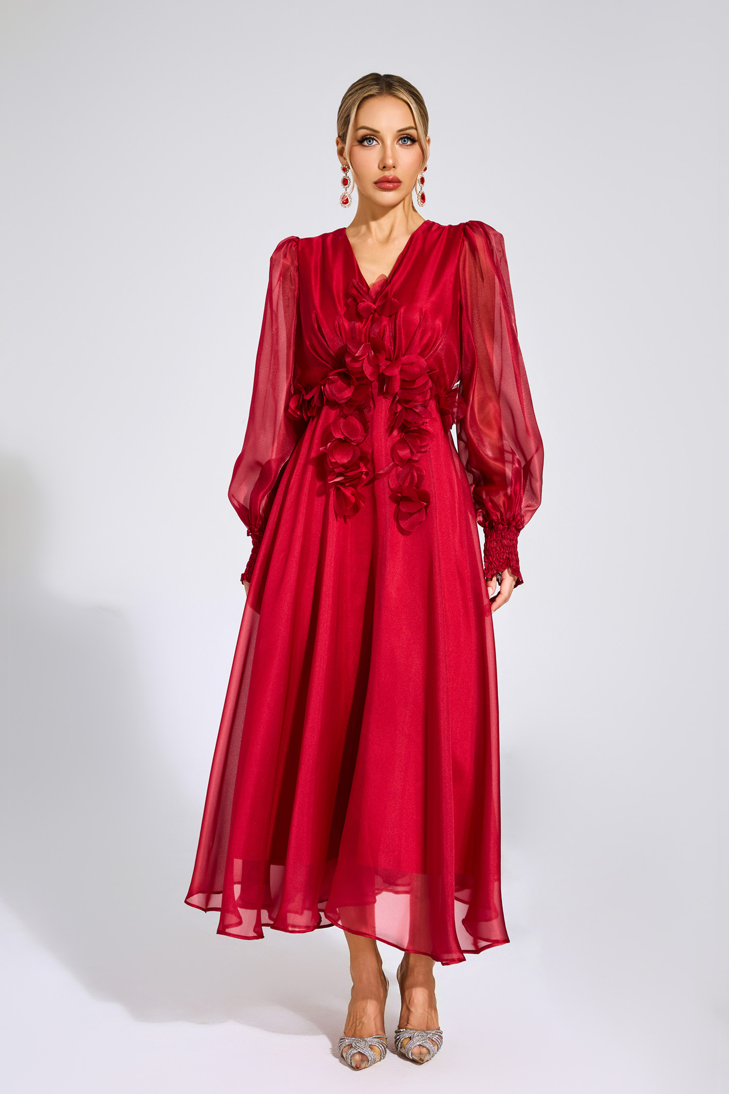 Joscelin Red Flower Satin Midi Dress