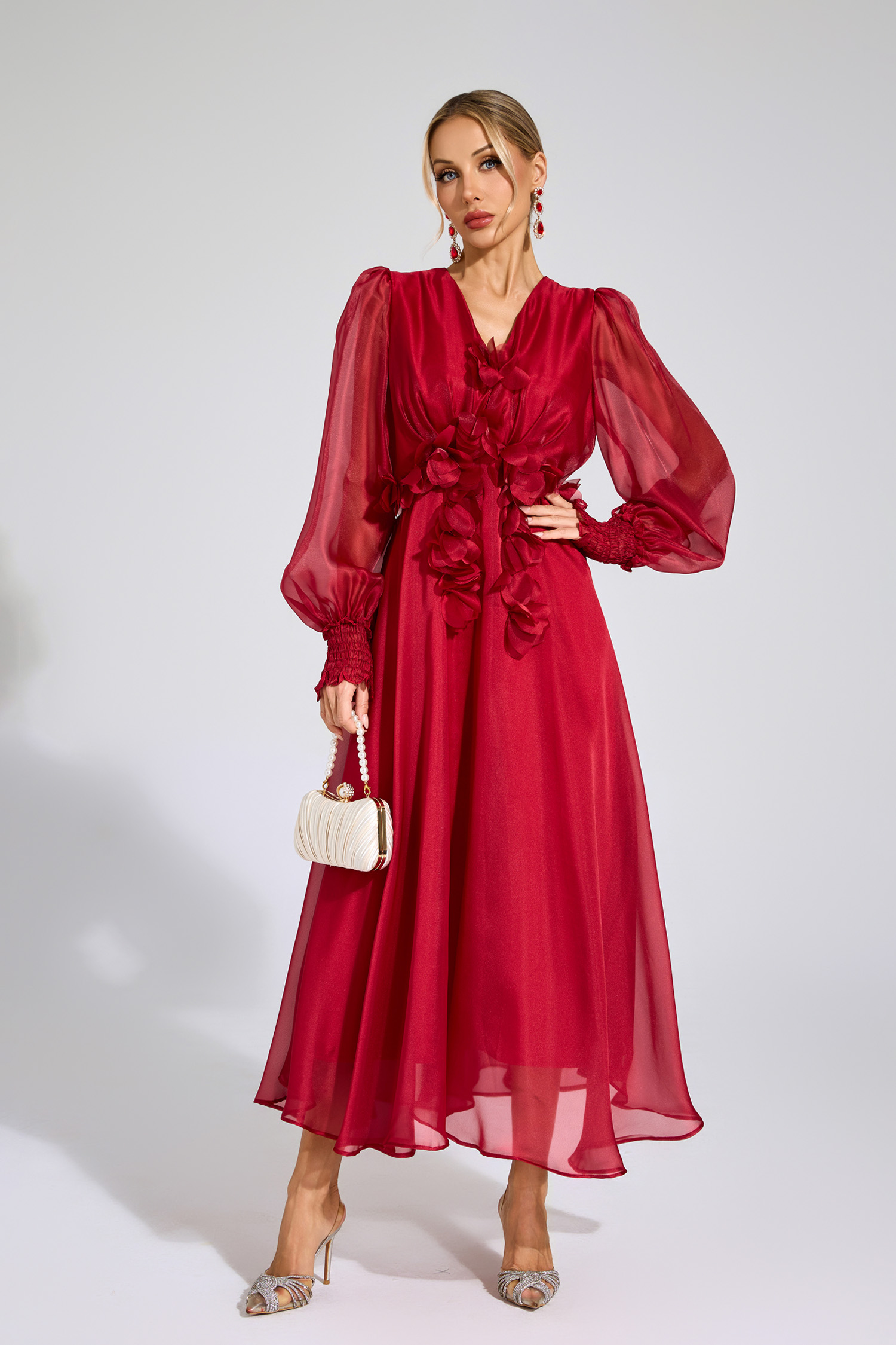 Joscelin Red Flower Satin Midi Dress
