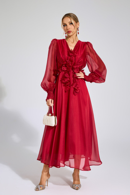 Joscelin Red Flower Satin Midi Dress