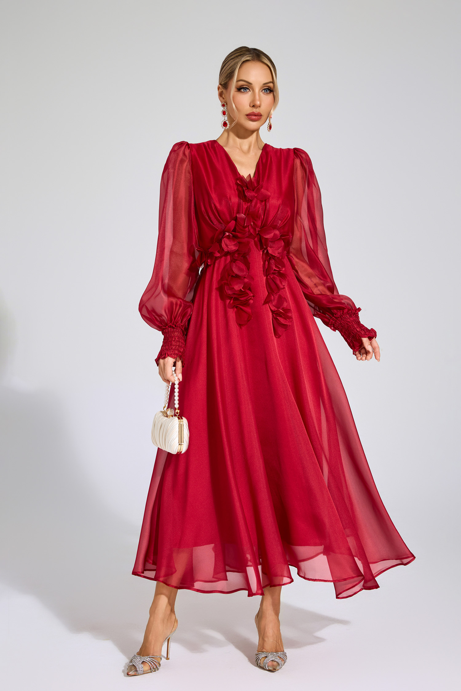 Joscelin Red Flower Satin Midi Dress